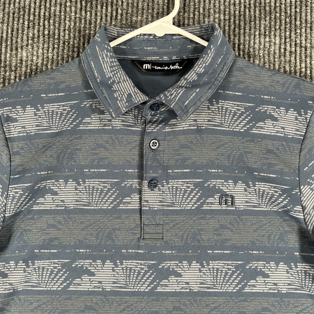 Travis Mathew Polo Shirt Mens Small Blue Gray Striped Short Sleeve Golf Casual‎